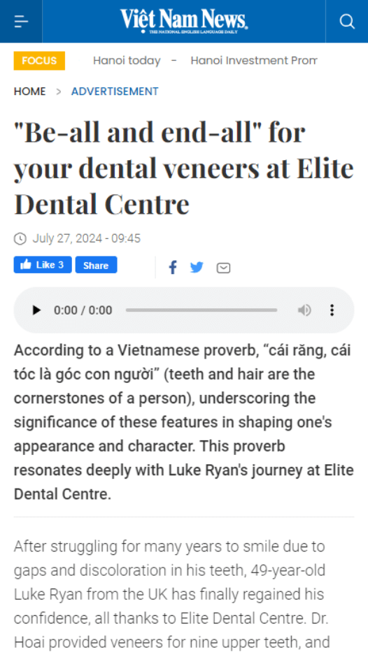 vietnamnews media say about dental veneer service at elite dental