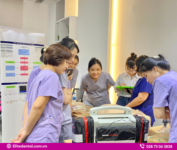Elite dental staff and assistants participate in ACLS CPR training.