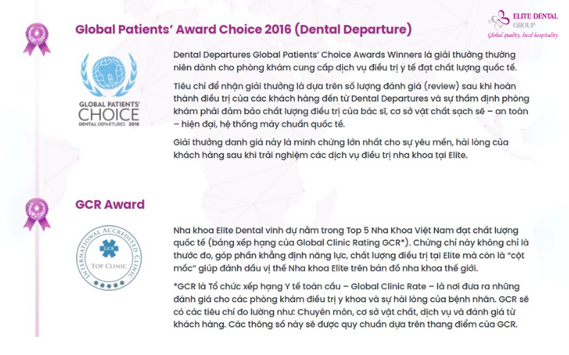 Elite Dental khẳng định chất lượng dịch vụ mà mình cung cấp thông qua các giải thưởng đạt được