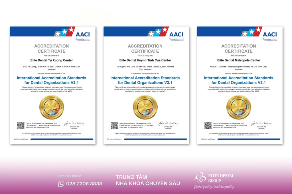 Thư Chứng nhận Công nhận từ AACI về việc 3 chi nhánh của hệ thống Elite Dental chính thức đạt chuẩn chất lượng AACI Hoa Kỳ